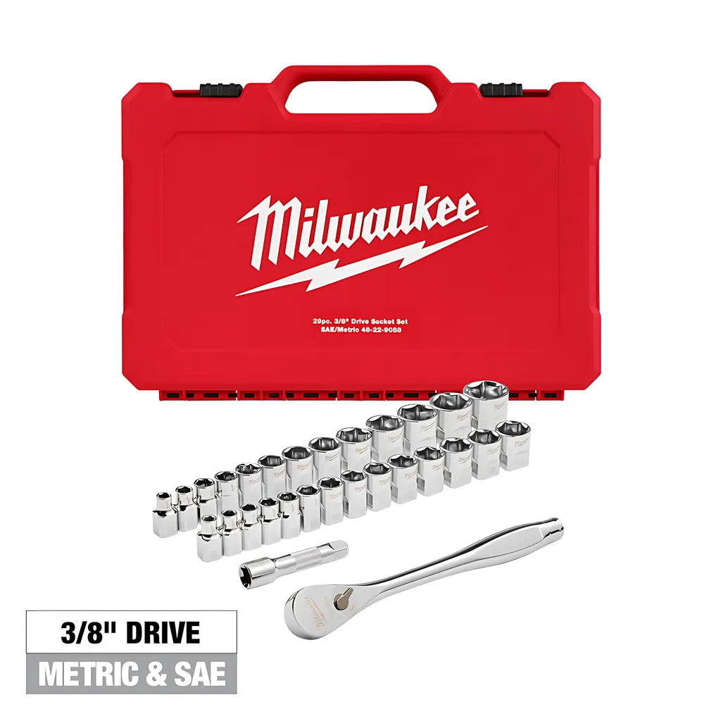 29Pc 3/8" Drive Metric & Sae Ratchet And Socket Set With Four Flat Sides-Milwaukee-48-22-9088-5414