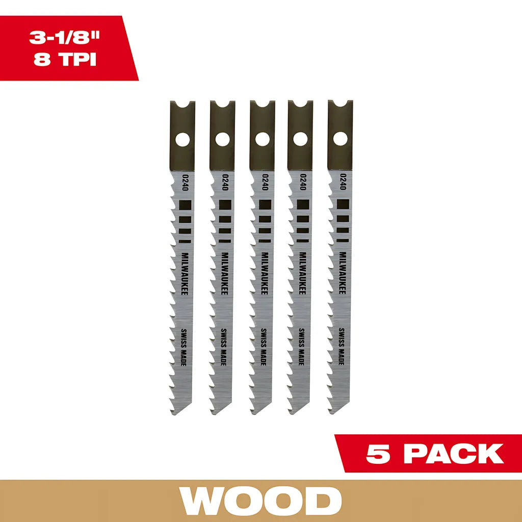 3-1/8" 8Tpi U-Shank Wood High Carbon Steel Jig Saw Blades 5Pk-Milwaukee-48-42-0240-5890