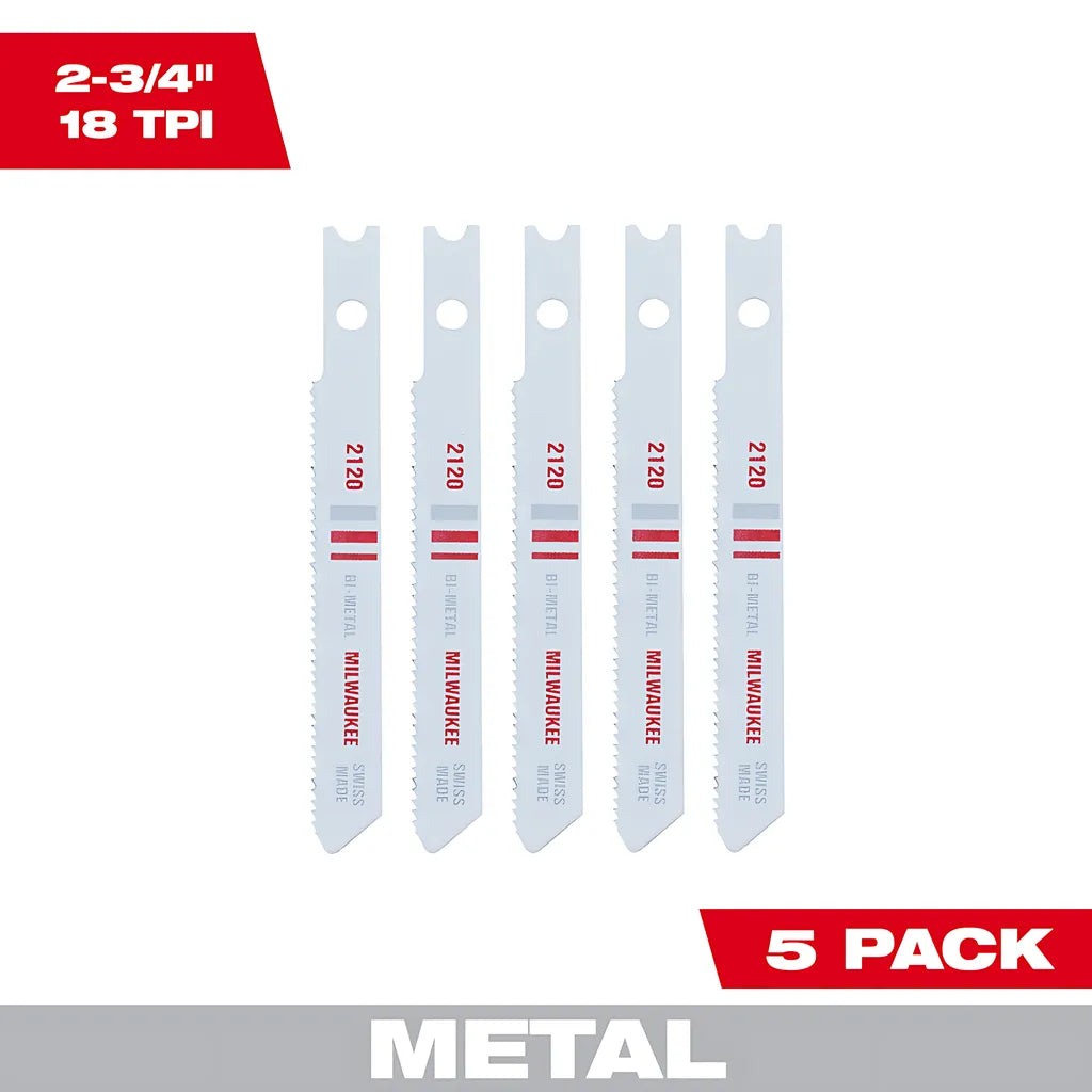 2-3/4" 18Tpi U-Shank Metal Cutting Bi-Metal Jig Saw Blades 5Pk-Milwaukee-48-42-2120-5248