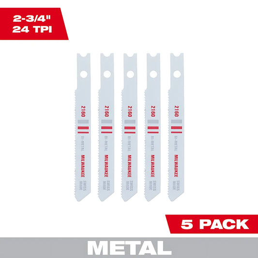 2-3/4" 24Tpi U-Shank Metal Cutting Bi-Metal Jig Saw Blades 5Pk-Milwaukee-48-42-2160-5252