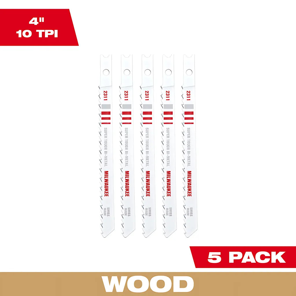 4" 10Tpi U-Shank Wood Bi-Metal Jig Saw Blades 5Pk-Milwaukee-48-42-2311-6037