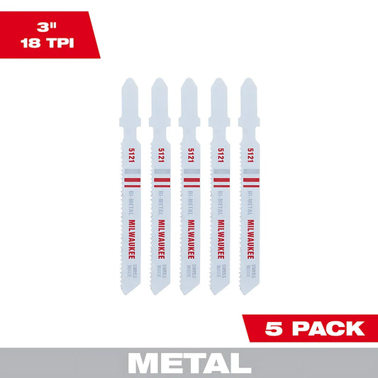 3" 18Tpi T-Shank Metal Cutting Bi-Metal Jig Saw Blades 5Pk-Milwaukee-48-42-5121-5493