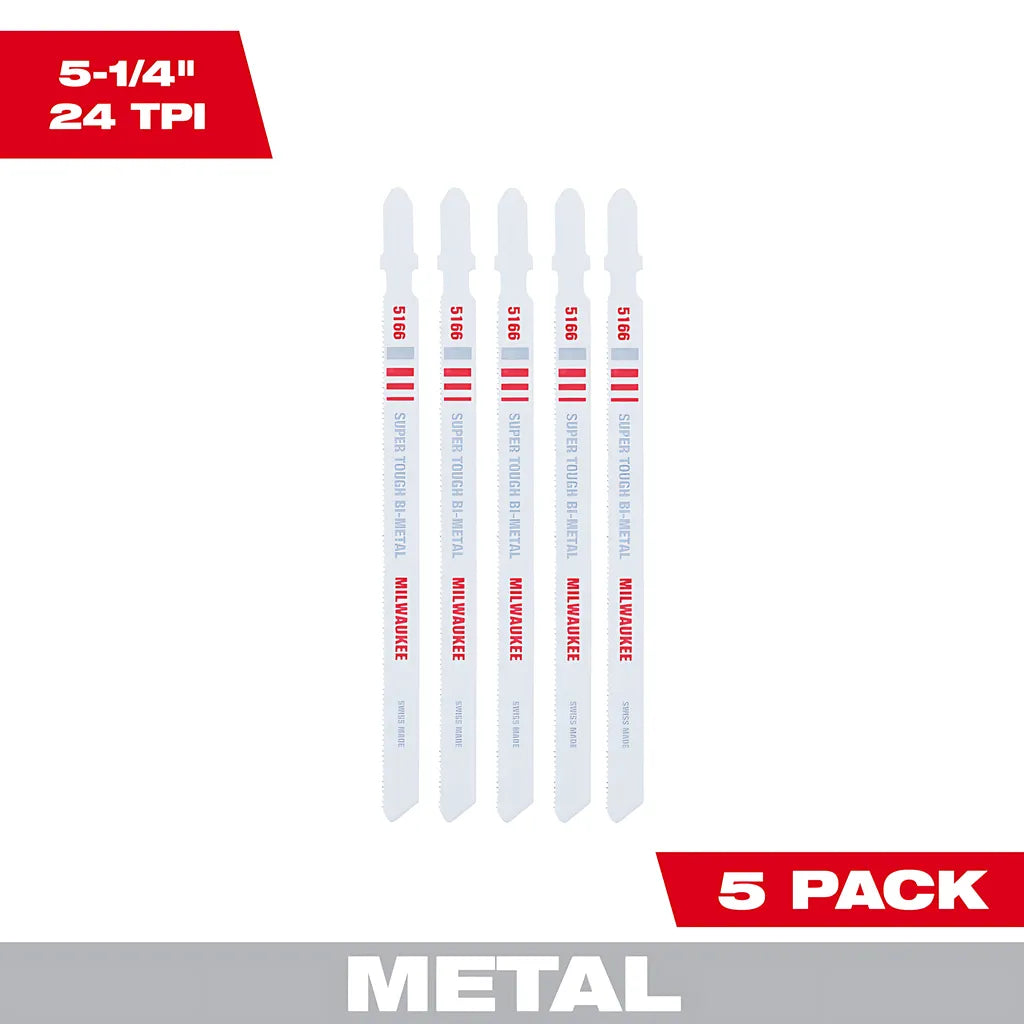 5-1/4" 24Tpi T-Shank Metal Cutting Bi-Metal Jig Saw Blades 5Pk-Milwaukee-48-42-5166-6402