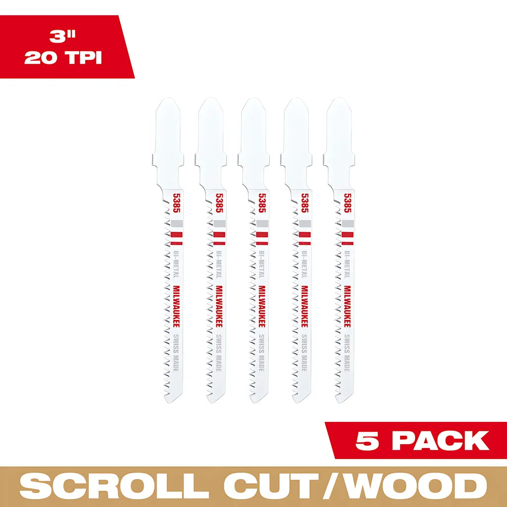 3" 20Tpi T-Shank Wood Bi-Metal Jig Saw Blades 5Pk-Milwaukee-48-42-5385-5494