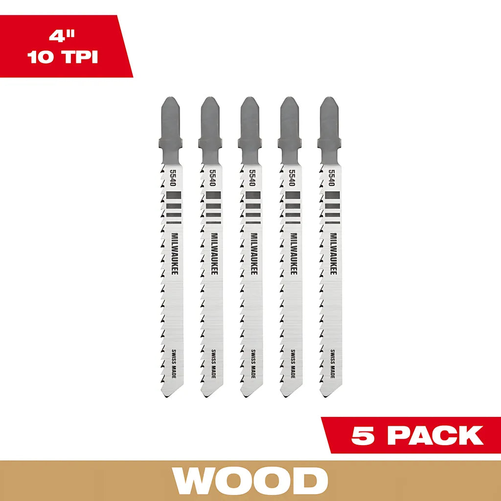 4" 10Tpi T-Shank Wood High Carbon Steel Jig Saw Blades 5Pk-Milwaukee-48-42-5540-6035