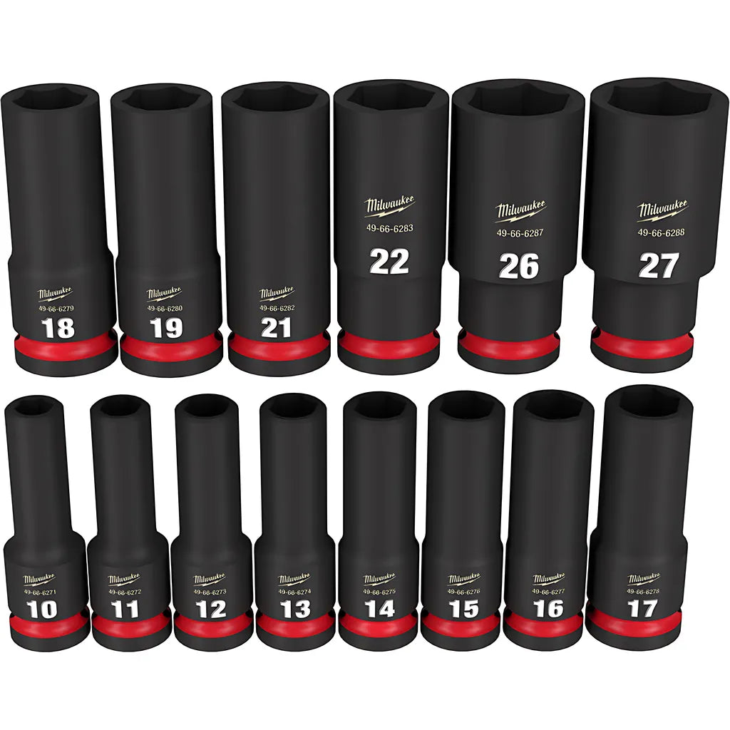 14Pc Shockwave Impact Duty 1/2" Drive Metric Deep 6 Point Socket Set-Milwaukee-49-66-7014-4755