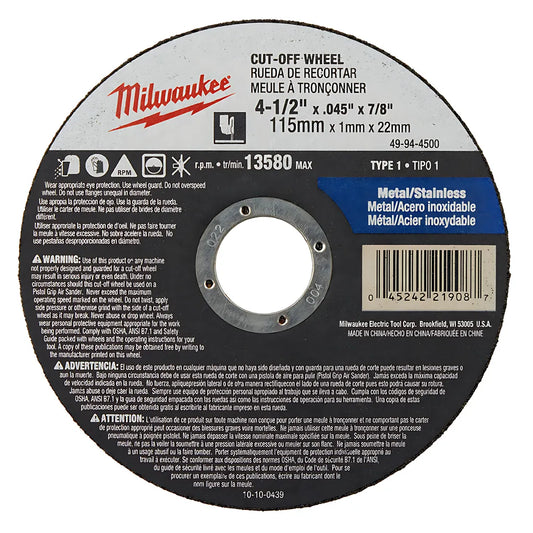 4-1/2 In. X .045 In. X 7/8 In. Cut-Off Wheel (Type 1)-Milwaukee-49-94-4500-6095