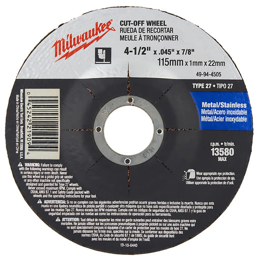 4-1/2 In. X .045 In. X 7/8 In. Cut-Off Wheel (Type 27)-Milwaukee-49-94-4505-6096