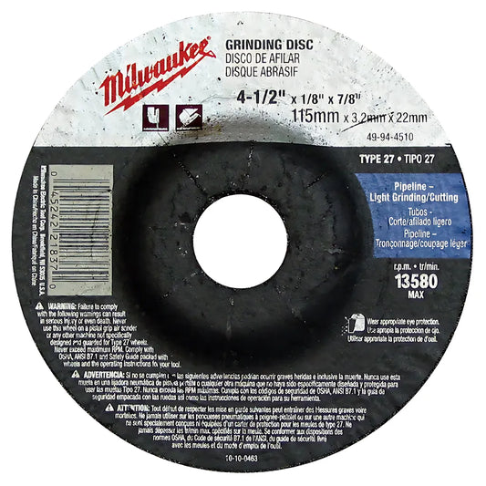 4-1/2 In. X 1/8 In. X 7/8 In. Grinding Wheel (Type 27)-Milwaukee-49-94-4510-6103