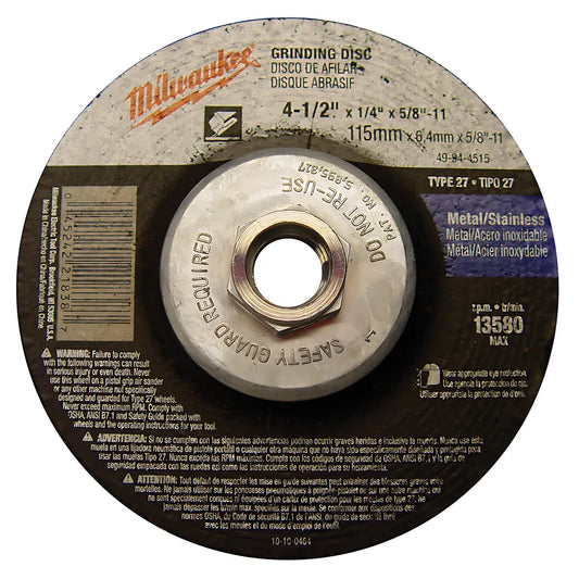 4-1/2 In. X 1/4 In. X 5/8-11 In. Grinding Wheel (Type 27)-Milwaukee-49-94-4515-6098