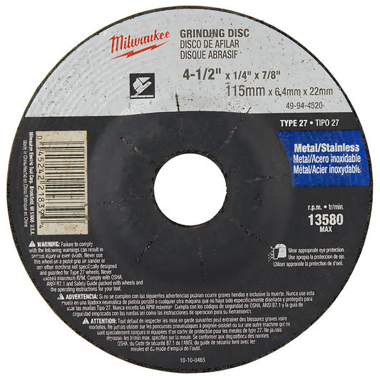 4-1/2 In. X 1/4 In. X 7/8 In. Grinding Wheel (Type 27)-Milwaukee-49-94-4520-6101