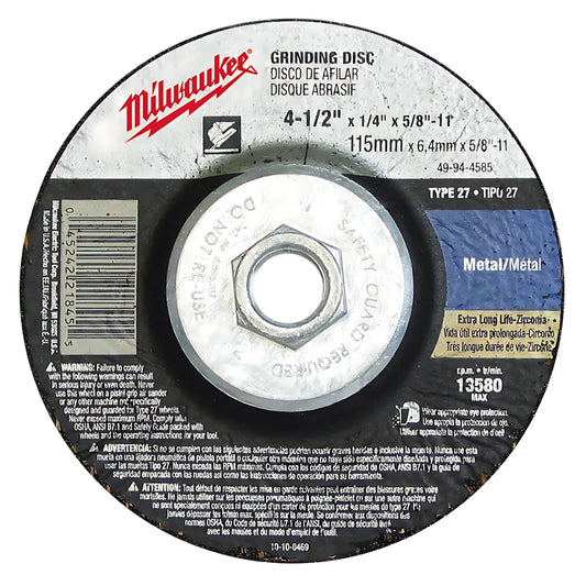 4-1/2 In. X 1/4 In. X 5/8 To 11 In. Grinding Wheel (Type 27)-Milwaukee-49-94-4585-6097