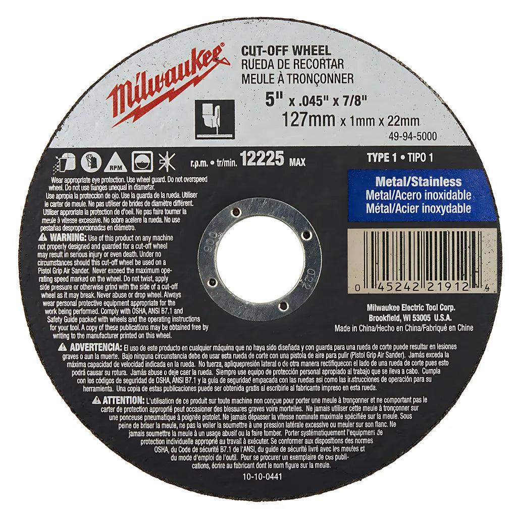 5 In. X .045 In. X 7/8 In. Cut-Off Wheel (Type 1)-Milwaukee-49-94-5000-6234