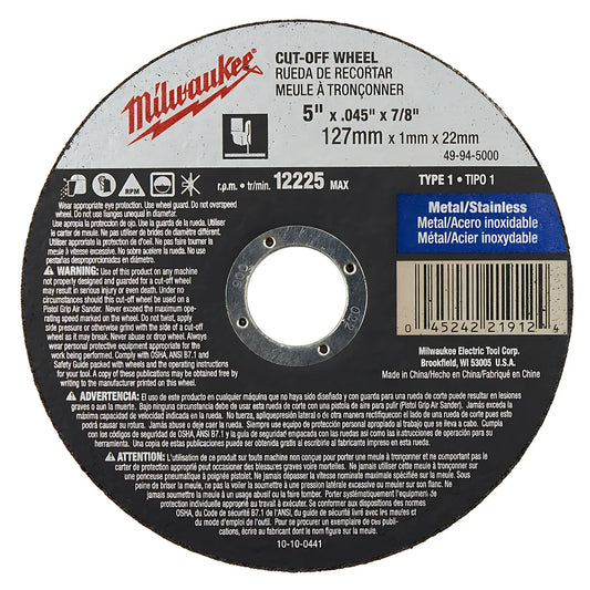 5 In. X .045 In. X 7/8 In. Cut-Off Wheel (Type 1)-Milwaukee-49-94-5000-6234