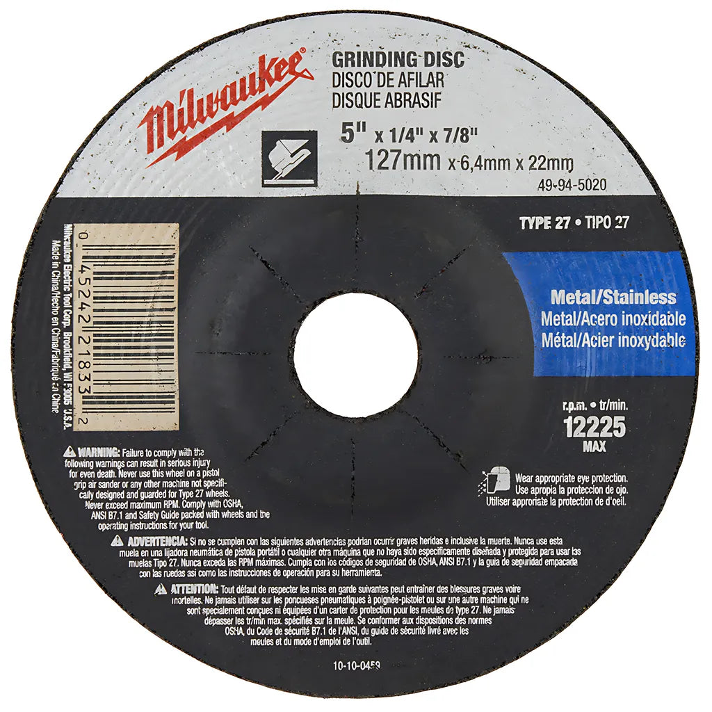 5 In. X 1/4 In. X 7/8 In. Grinding Wheel (Type 27)-Milwaukee-49-94-5020-6238