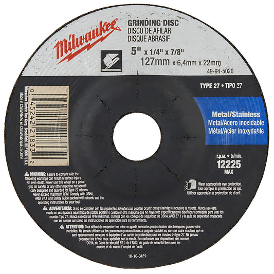 5 In. X 1/4 In. X 7/8 In. Grinding Wheel (Type 27)-Milwaukee-49-94-5020-6238