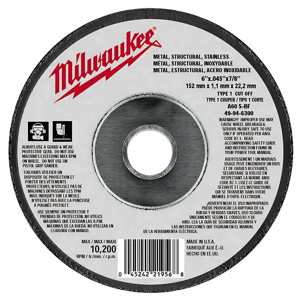 6 In. X .045 In. X 7/8 In. Cut-Off Wheel (Type 1)-Milwaukee-49-94-6300-6548