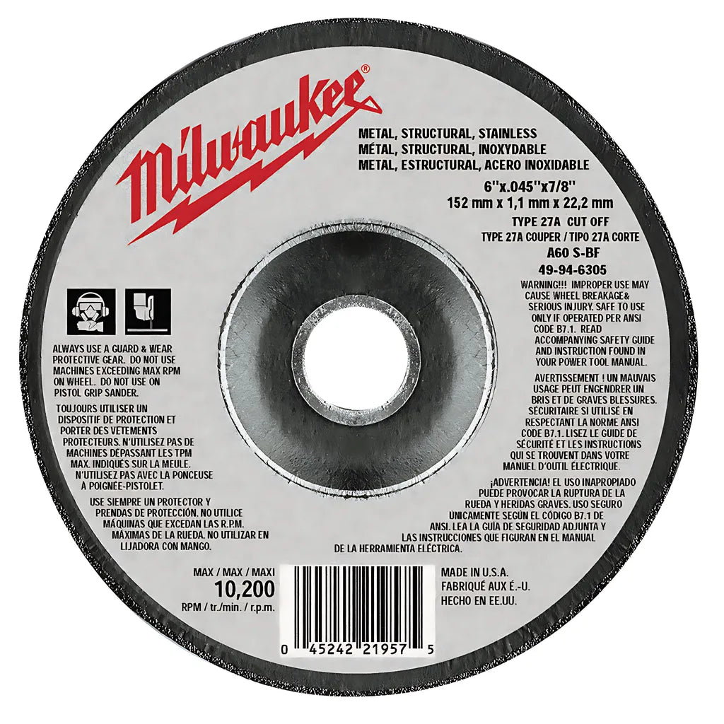 6 In. X .045 In. X 7/8 In. Cut-Off Wheel (Type 27)-Milwaukee-49-94-6305-6549