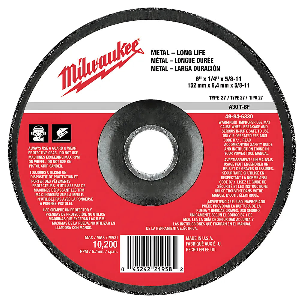 6 In. X 1/4 In. X 5/8-11 In. Grinding Wheel (Type 27)-Milwaukee-49-94-6330-6552