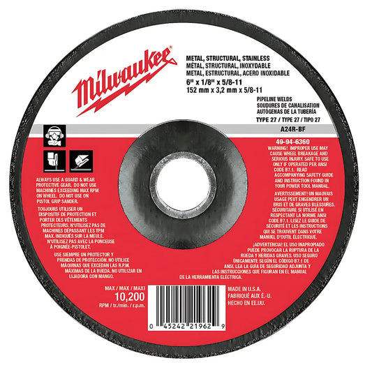 6 In. X 1/8 In. X 5/8-11 In. Grinding Wheel (Type 27)-Milwaukee-49-94-6360-6553