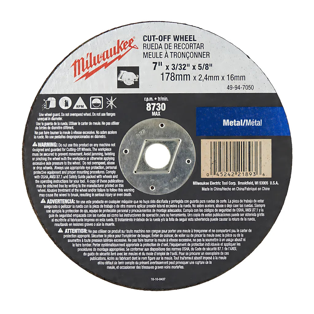 7 In. X 3/32 In. X 5/8 In. Cut-Off Wheel (Type 1)-Milwaukee-49-94-7050-6704