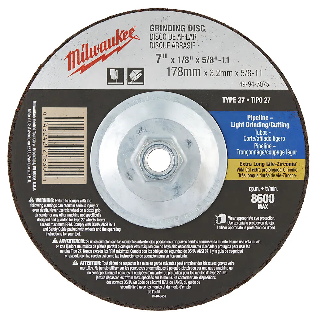 7 In. X 1/8 In. X 5/8-11 In. Grinding Wheel (Type 27)-Milwaukee-49-94-7075-6703