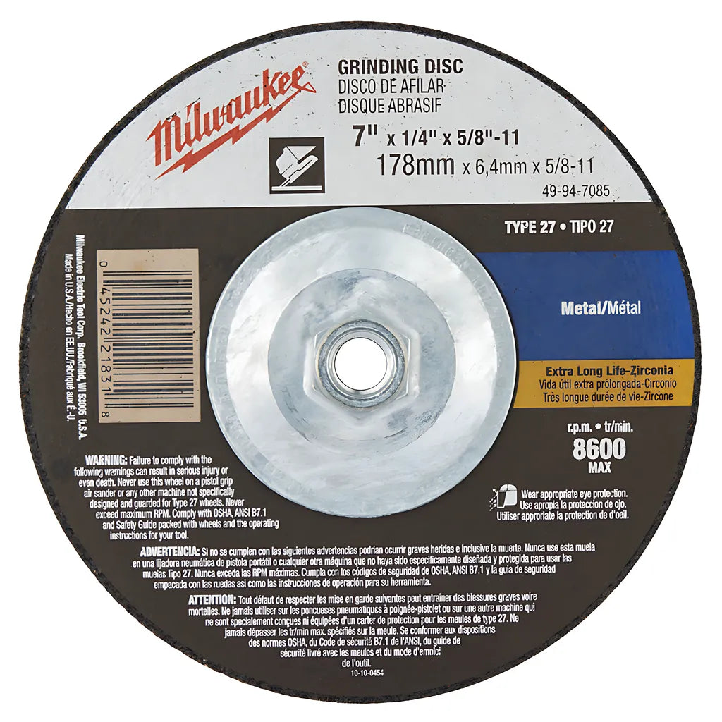 7 In. X 1/4 In. X 5/8 To 11 In. Grinding Wheel (Type 27)-Milwaukee-49-94-7085-6702