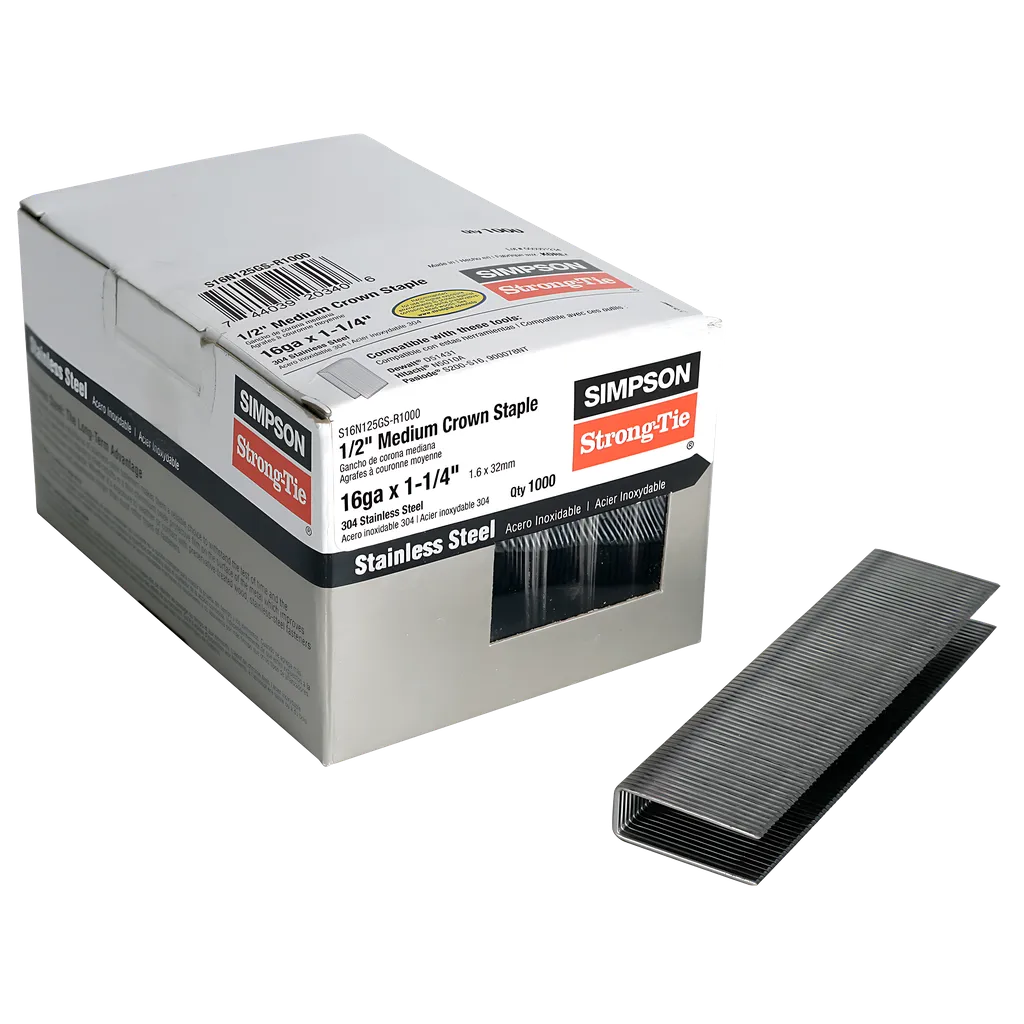 1/2-In. Crown, 16-Gauge Staples - 1-1/4 In. Type 304 Stainless Steel (1000-Qty)-S16N125GS-R1000-SP8137-8671