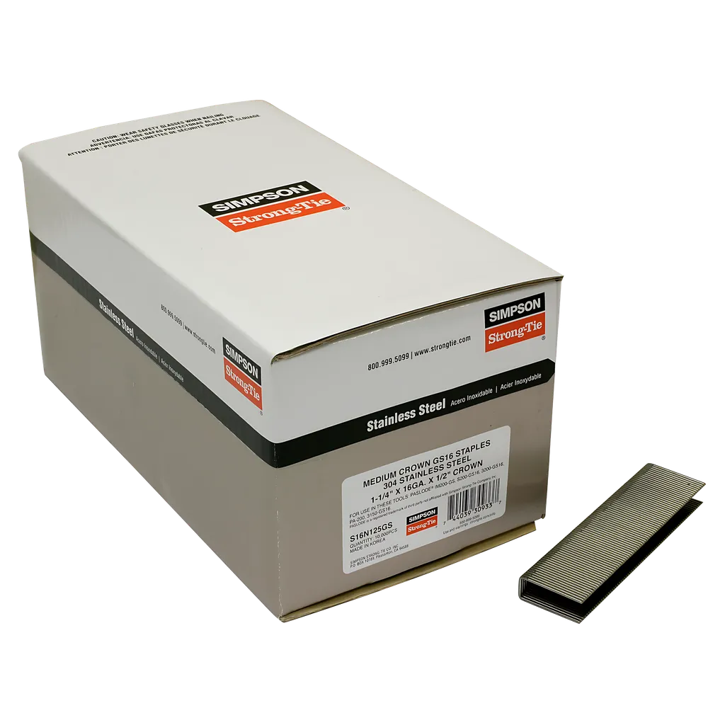 1/2-In. Crown, 16-Gauge Staples - 1-1/4 In. Type 304 Stainless Steel (10,000-Qty)-S16N125GS-SP5209-5587