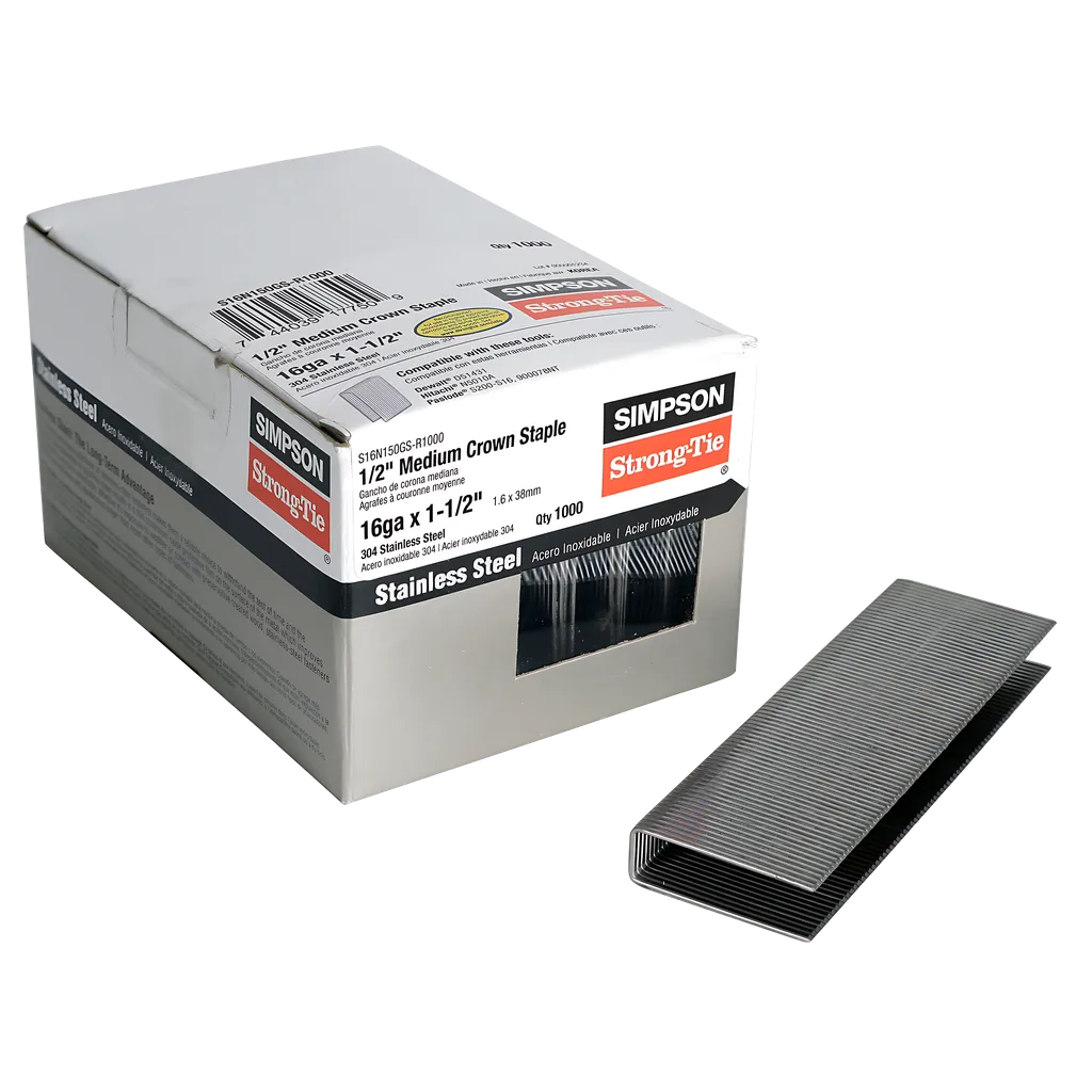 1/2-In. Crown, 16-Gauge Staples - 1-1/2 In. Type 304 Stainless Steel (1000-Qty)-S16N150GS-R1000-SP3682-3977