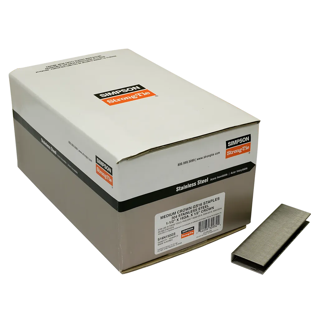 1/2-In. Crown, 16-Gauge Staples - 1-1/2 In. Type 304 Stainless Steel (10,000-Qty)-S16N150GS-SP2201-2420