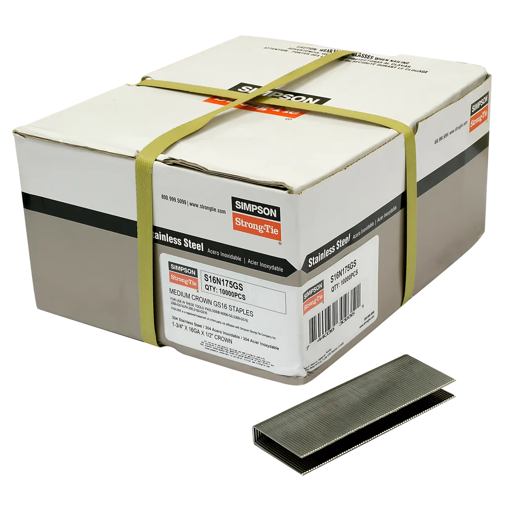 1/2-In. Crown, 16-Gauge Staples - 1-3/4 In. Type 304 Stainless Steel (10,000-Qty)-S16N175GS-SP8694-9261