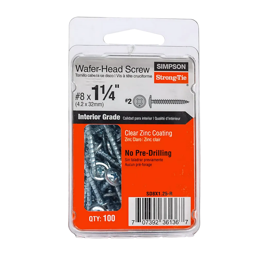 Wafer-Head Screw - #8 X 1-1/4 In. #2 Phillips, Clear Zinc Coating (100-Qty) (Pack Of 16)-SD8X1-25-R-SP3288-3564