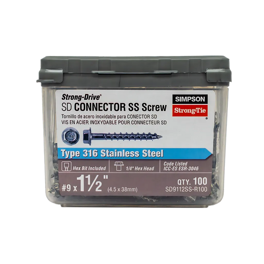 Strong-Drive® Sd Connector Ss Screw - #9 X 1-1/2 In. 1/4-Hex Drive, Type 316 (100-Qty)-SD9112SS-R100-SP6959-7445