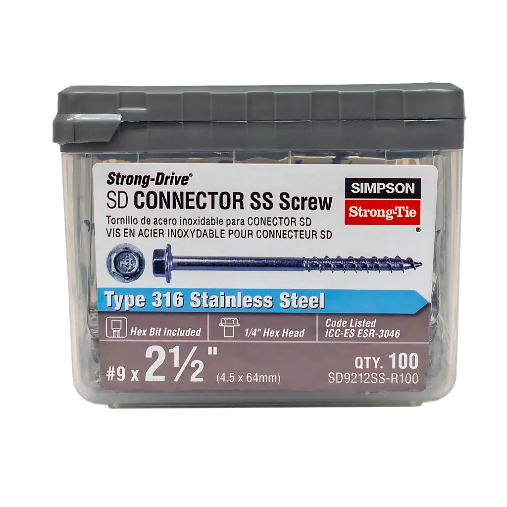 Strong-Drive® Sd Connector Ss Screw - #9 X 2-1/2 In. 1/4-Hex Drive, Type 316 (100-Qty) (Pack Of 6)-SD9212SS-R100-SP2837-3098