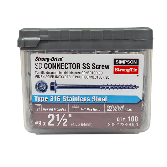 Strong-Drive® Sd Connector Ss Screw - #9 X 2-1/2 In. 1/4-Hex Drive, Type 316 (100-Qty) (Pack Of 6)-SD9212SS-R100-SP2837-3098