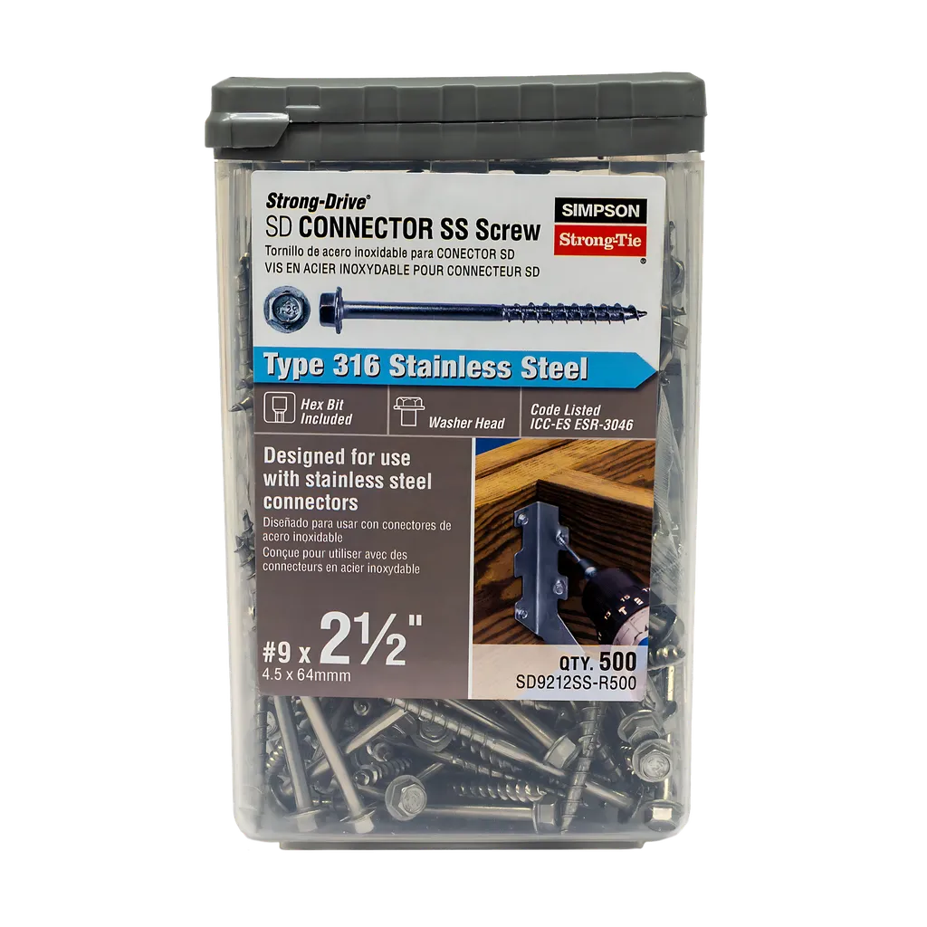 Strong-Drive® Sd Connector Ss Screw - #9 X 2-1/2 In. 1/4-Hex Drive, Type 316 (500-Qty) (Pack Of 3)-SD9212SS-R500-SP8100-8632