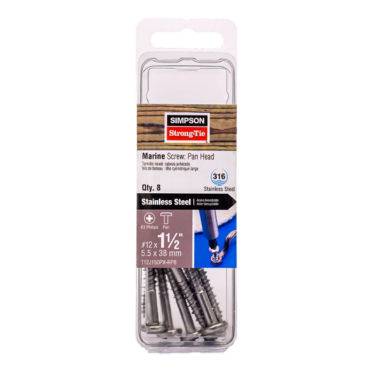 Marine Screw, Pan Head - #12 X 1-1/2 In. #3 Phillips Drive, Type 316 (8-Qty)-T12J150PX-RP8-SP3441-3724