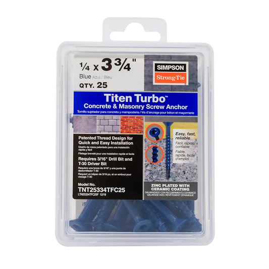Titen Turbo - 1/4 In. X 3-3/4 In. 6-Lobe Flat-Head Concrete And Masonry Screw, Blue (25-Qty)-TNT25334TFC25-SP1048-1203