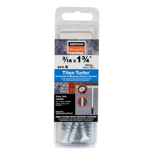 Titen Turbo - 3/16 In. X 1-3/4 In. 6-Lobe Flat-Head Concrete And Masonry Screw, White (8-Qty) (Pack Of 5)-TNTW18134TFC8-SP6912-7399
