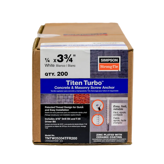 Titen Turbo - 1/4 In. X 3-3/4 In. 6-Lobe Flat-Head Concrete And Masonry Screw, White (200-Qty)-TNTW25334TFR200-SP132-232