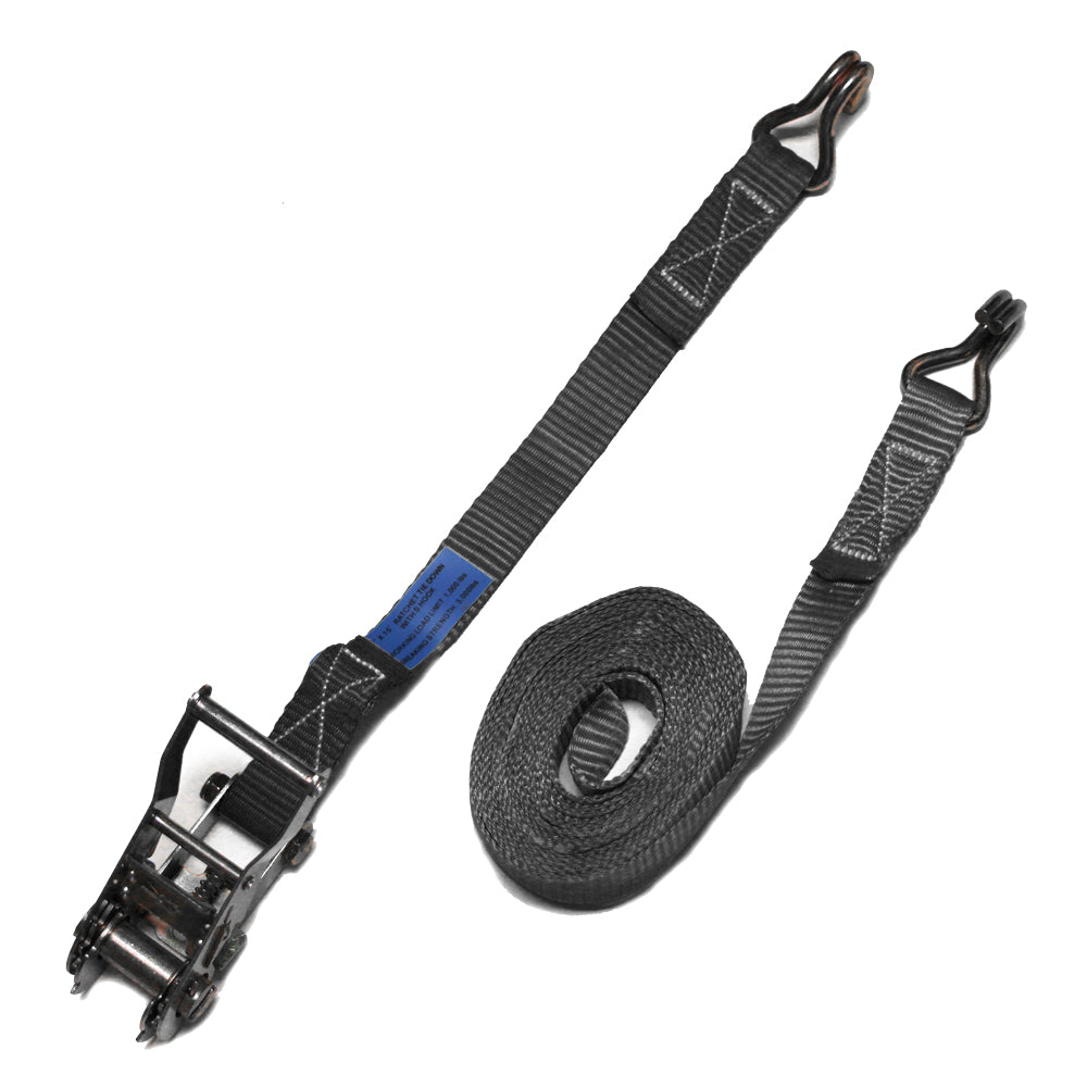 FT Black Cargo Control Strap with Double J-Hook and Short Ratchet Tail-STRAP1X15BJST