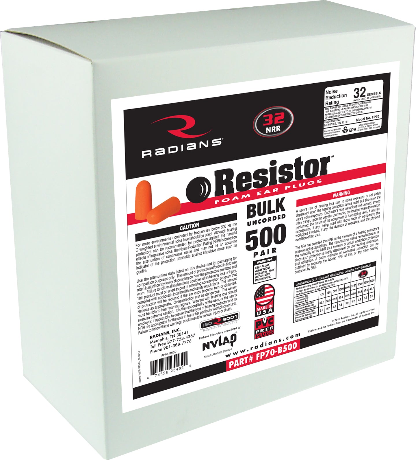 Radians Resistor® 32 Foam Earplug 500 Pair Dispenser Refill